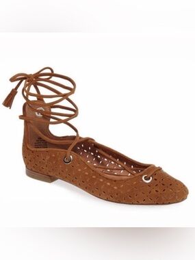 Halogen Cognac Leather Lace Up Ballet Flats Almond Toe Ghillie Shoes Size 8 NWT